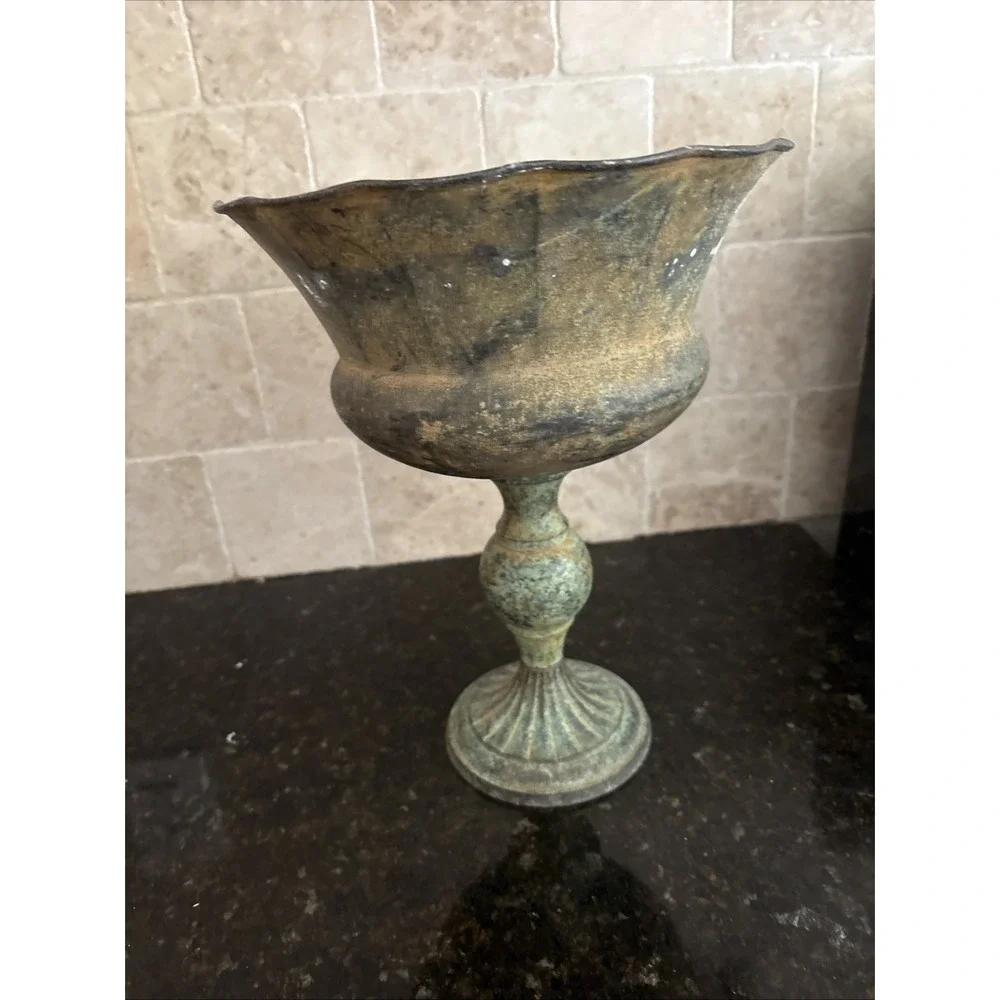 Vintage Verdigris Metal Pedestal Urn Planter Scalloped Rim 10.5